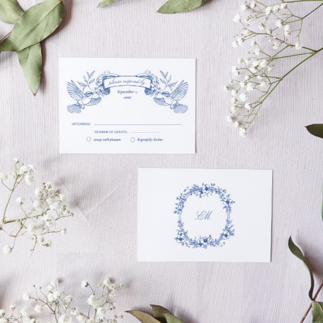 Blue Toile Birds Wedding RSVP Card (RSVP card for a toile french blue wedding stationery suite with victorian florals and birds)