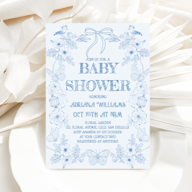 Blue Toile Bow Boy Baby Shower Invitation (Creator Uploaded)