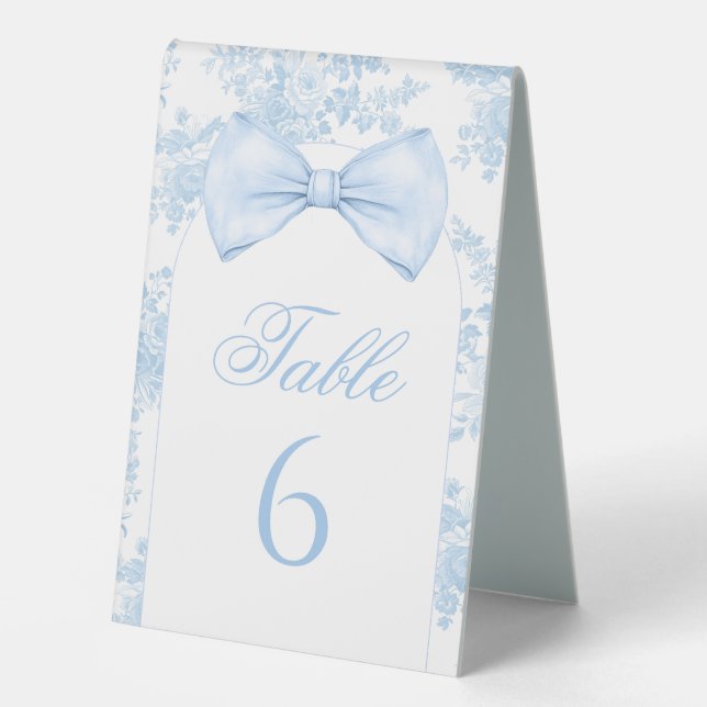 Blue Toile Bow Floral Baby Boy Shower Table Number (Front)