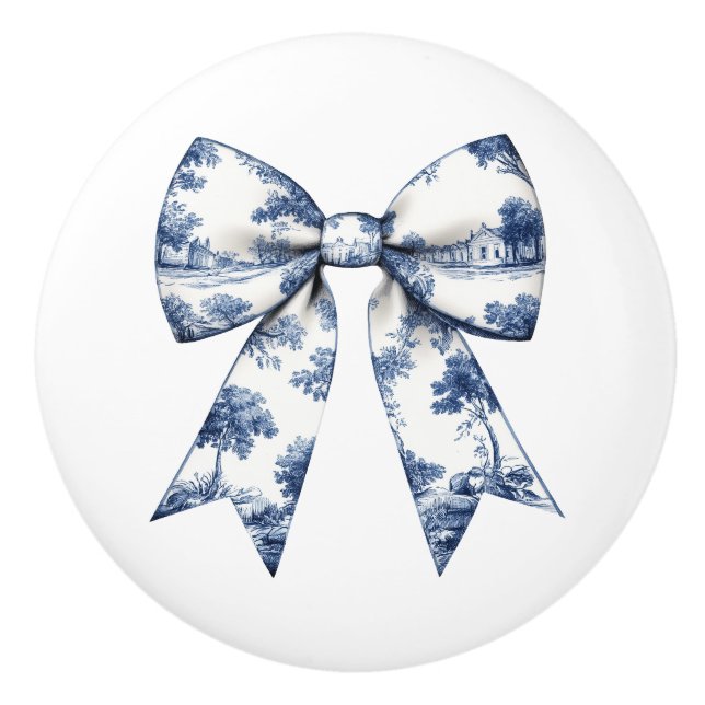 Blue Toile Bow Furniture  Ceramic Knob (Front)