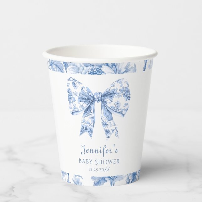 Blue Toile Bow Vintage Baby Shower Paper Cups (Front)