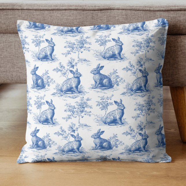 Blue Toile Bunny Vintage Rabbit Pattern Cushion (Creator Uploaded)