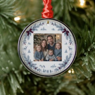 Blue Toile Burgundy Bow Christmas Family Photo Orn Metal Tree Decoration