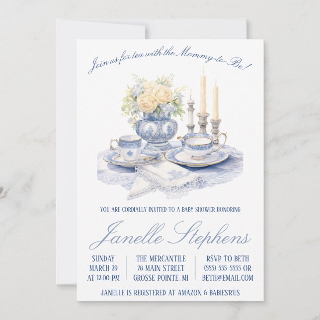 Blue Toile China, Victorian Tea Party Baby Shower Invitation (Front)