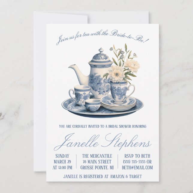 Blue Toile China Victorian Tea Party Bridal Shower Invitation (Front)