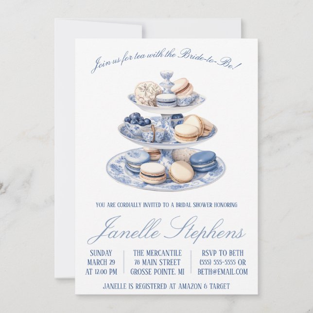 Blue Toile China Victorian Tea Party Bridal Shower Invitation (Front)