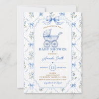 Blue toile Chinoiserie Baby Shower Carriage Floral
