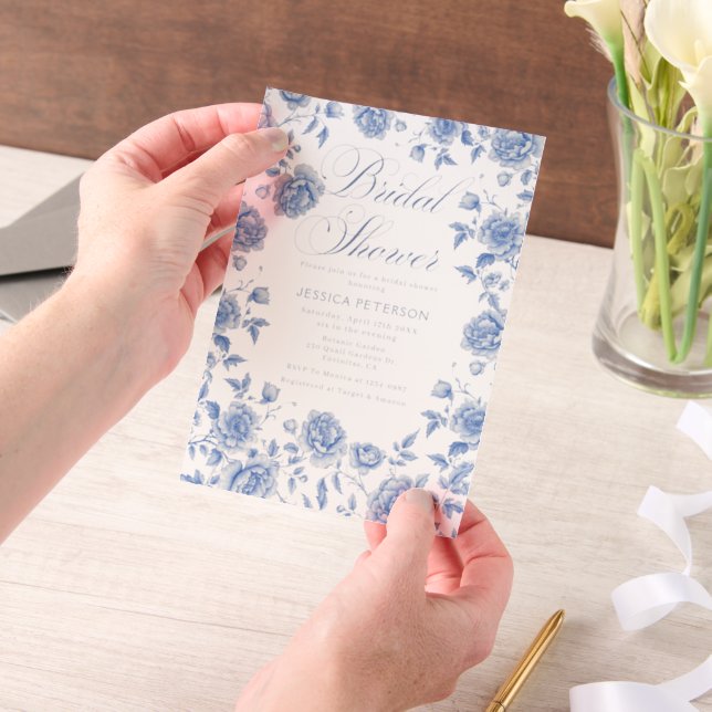 Blue Toile Chinoiserie Floral Garden Bridal Shower Vellum Invitations (Handheld)