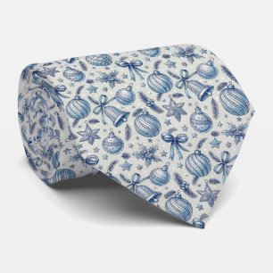 Blue Toile Christmas Ornaments, Bells & Ribbon Tie