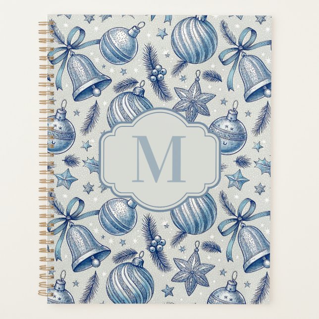 Blue Toile Christmas Ornaments Custom Monogram Planner (Front)