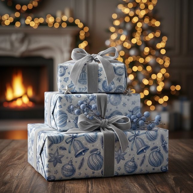 Blue Toile Christmas Ornaments Seamless Wrapping Paper (Creator Uploaded)