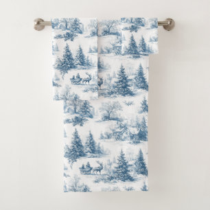Blue Toile Christmas Pattern Bath Towel Set
