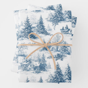 Blue Toile Christmas Pattern Wrapping Paper Sheet