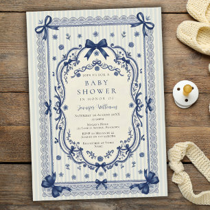 Blue Toile Coquette Baby Shower Invitation