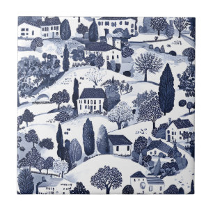 Blue Toile Countryside Scene (1) Tile