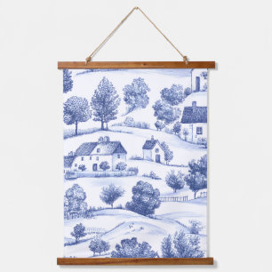 Blue Toile Countryside Scene (2) Hanging Tapestry