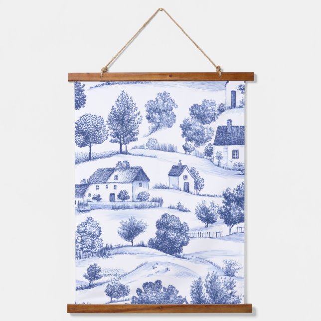 Blue Toile Countryside Scene (2) Hanging Tapestry (Front)