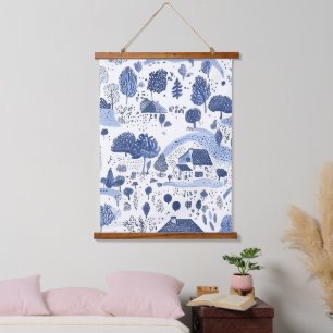 Blue Toile Countryside Scene (4) Hanging Tapestry