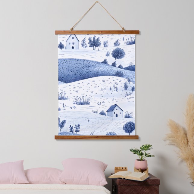 Blue Toile Countryside Scene (6) Hanging Tapestry (Bedroom)