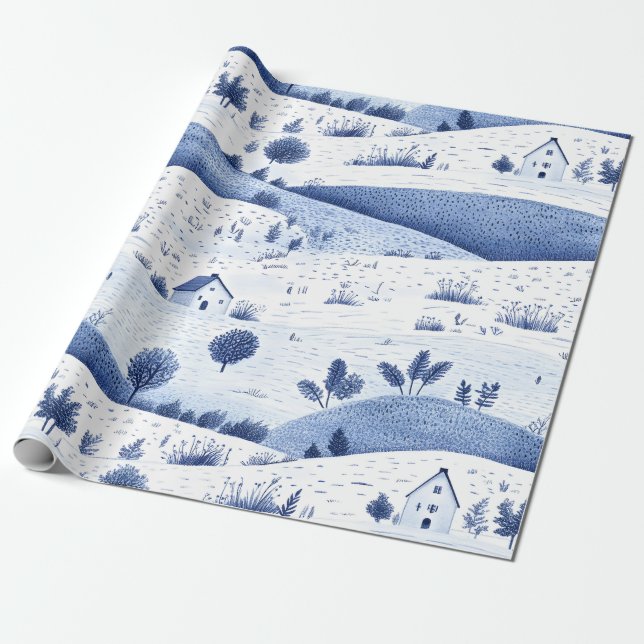 Blue Toile Countryside Scene (6) Wrapping Paper (Unrolled)