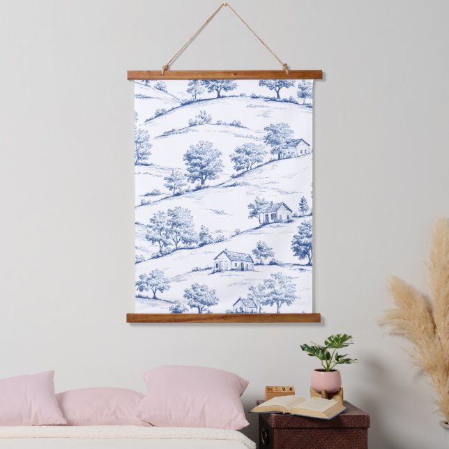 Blue Toile Countryside Scene (7) Hanging Tapestry (Bedroom)