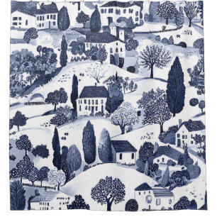 Blue Toile Countryside Scene Shower Curtain