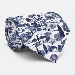 Blue Toile Countryside Scene Tie
