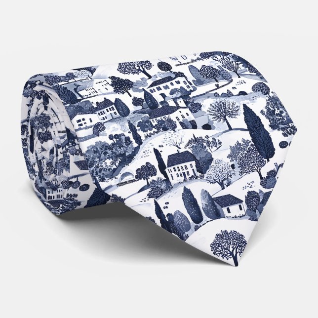 Blue Toile Countryside Scene Tie (Rolled)