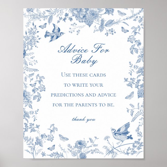 Blue Toile De Jouy Advice for Baby Shower Game Poster (Front)