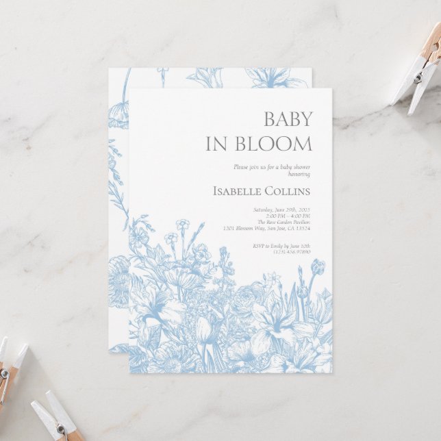 Blue Toile de Jouy Baby in Bloom Baby Shower2 Invitation (Front/Back In Situ)