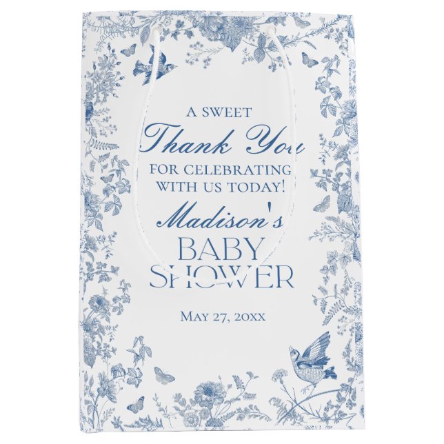 Blue Toile De Jouy Baby Shower Favours Medium Gift Bag (Front)
