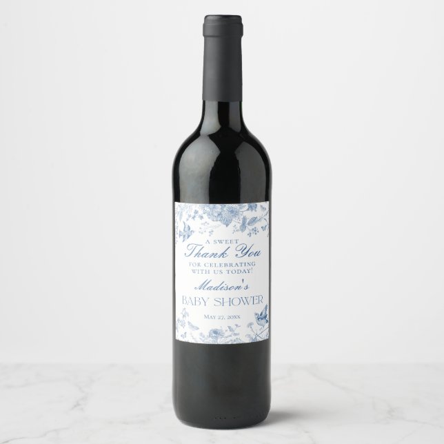 Blue Toile De Jouy Baby Shower Favours Wine Label (Front)