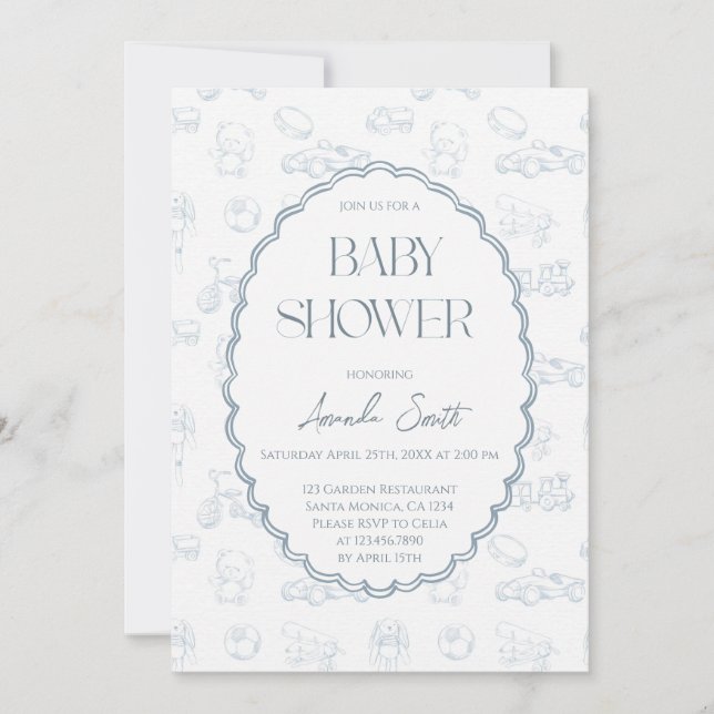 Blue Toile de Jouy baby shower Invitation (Front)