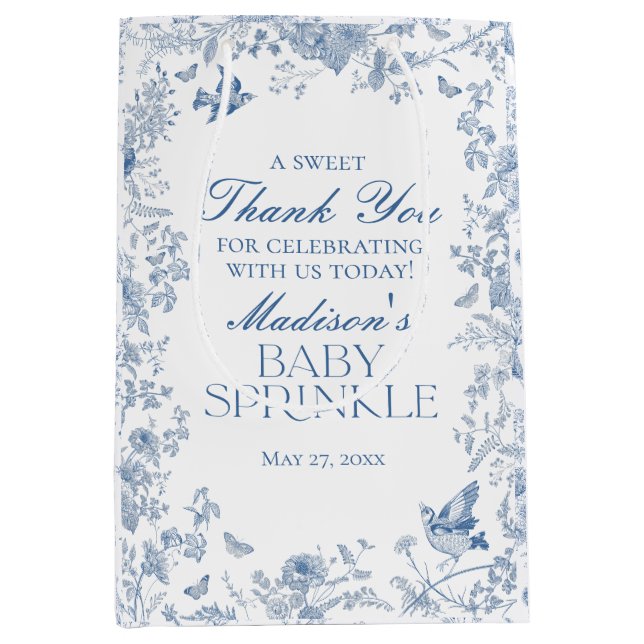 Blue Toile De Jouy Baby Sprinkle Favours Medium Gift Bag (Front)