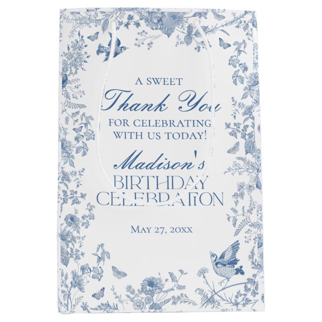 Blue Toile De Jouy Birthday Party Favours Medium Gift Bag (Front)