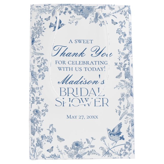 Blue Toile De Jouy Bridal Shower Favours Medium Gift Bag (Front)