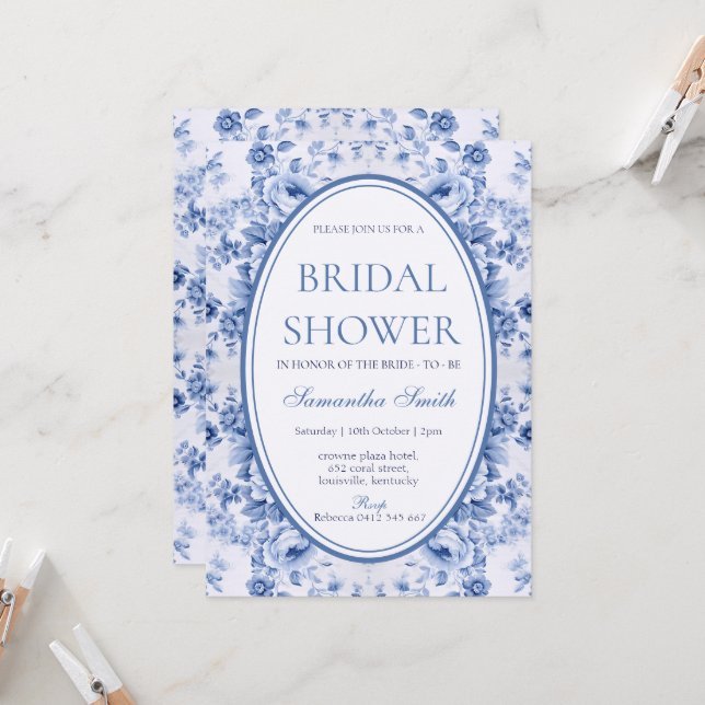 Blue Toile De Jouy Bridal Shower Invitation (Front/Back In Situ)