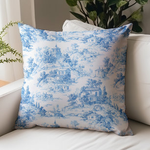 Blue Toile de Jouy Country Houses Pattern Cushion