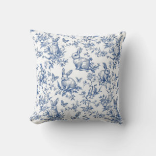 Blue Toile De Jouy Easter Bunny Cushion