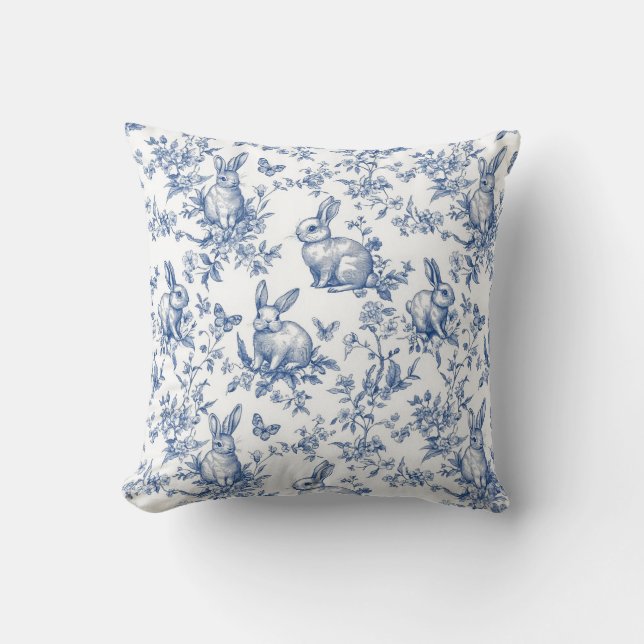 Blue Toile De Jouy Easter Bunny Cushion (Front)