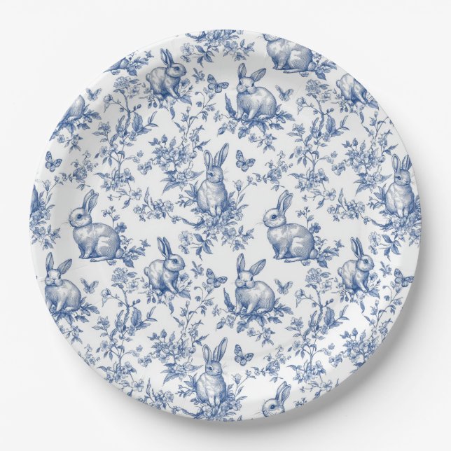 Blue Toile De Jouy Easter Bunny Paper Plate (Front)