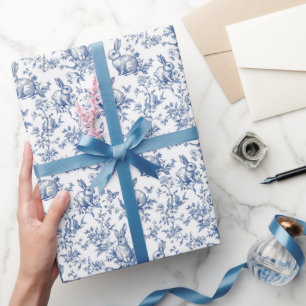 Blue Toile De Jouy Easter Bunny Wrapping Paper