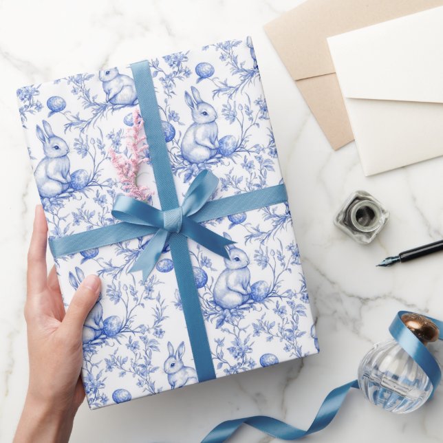 Blue Toile De Jouy Easter Bunny Wrapping Paper (Gifting)