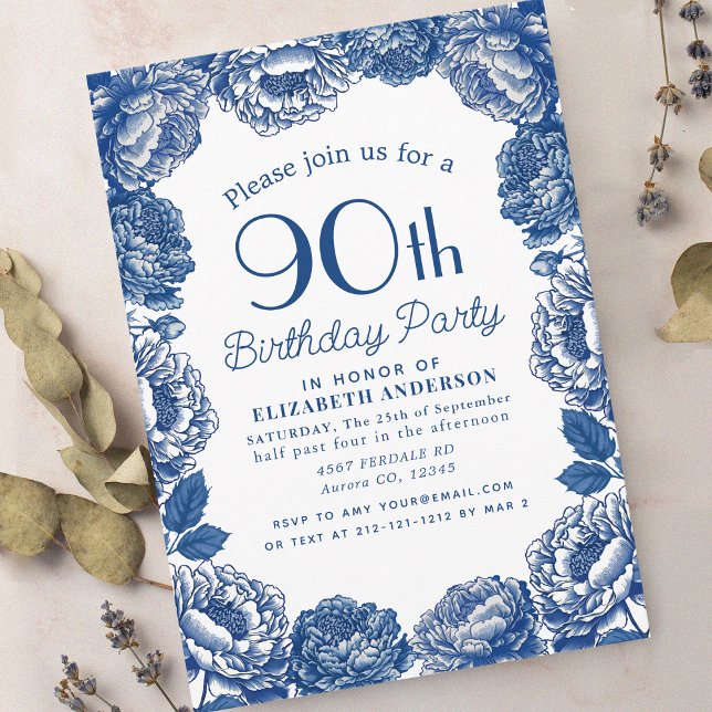 Blue Toile De Jouy Floral 90th Birthday Party Invitation (Creator Uploaded)