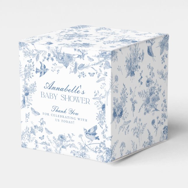 Blue Toile De Jouy Floral Baby Shower Favour Boxes (Front Side)