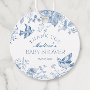 Blue Toile De Jouy Floral Baby Shower Favour Tags