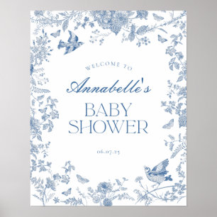 Blue Toile De Jouy Floral Baby Shower Welcome Sign