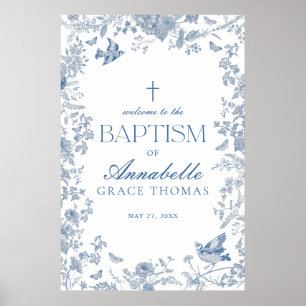 Blue Toile De Jouy Floral Baptism Welcome Sign