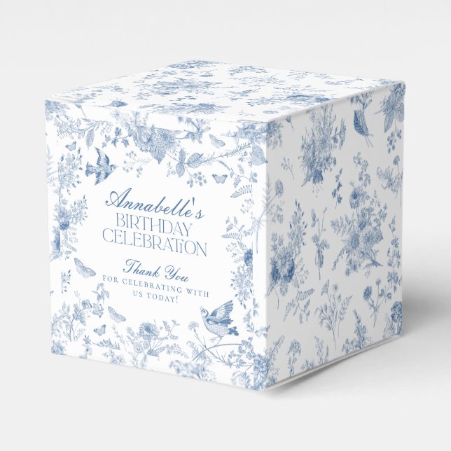 Blue Toile De Jouy Floral Birthday Party Favour Bo Favour Box (Front Side)