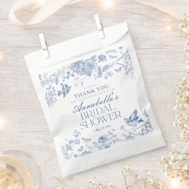Blue Toile De Jouy Floral Bridal Shower Dessert Favour Bags (Clipped)